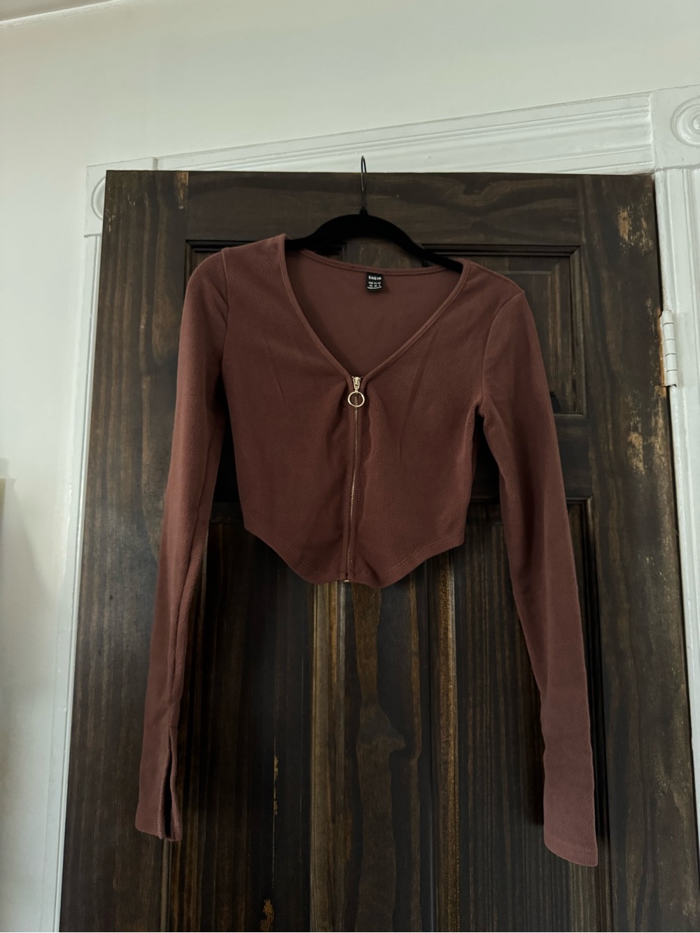 SHEIN Brown Ribbed Zip-Up Cropped Top
